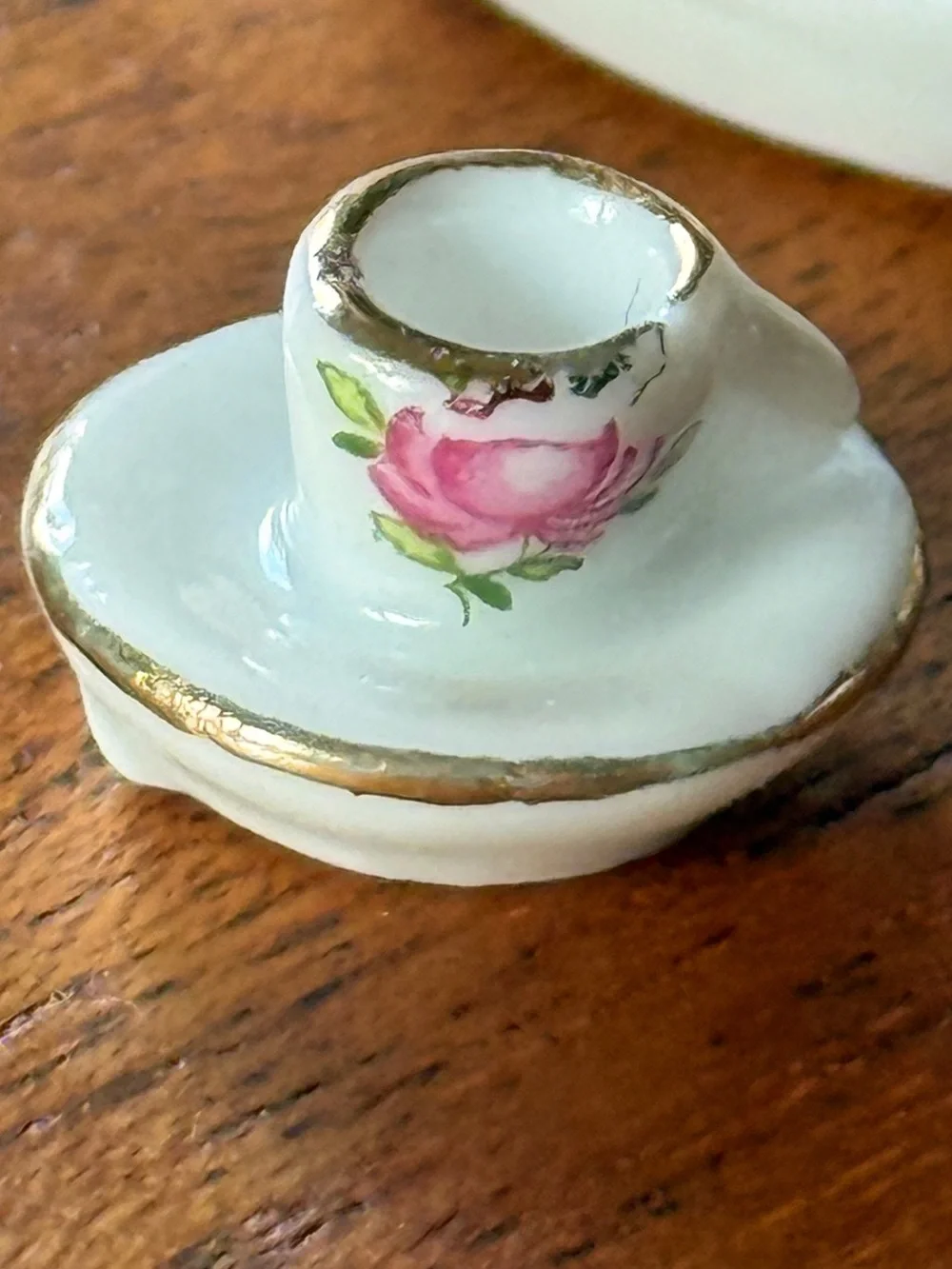 NIB Vintage Miniature Porcelain 6 Piece Tea Set With Pink Rose Pattern Gold Trim